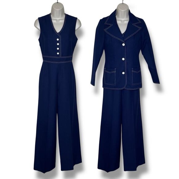 Vintage 70s Jerell of Texas Blue Sleeveless Jumpsuit Jacket Women Size 7 Western - Picture 1 of 16
